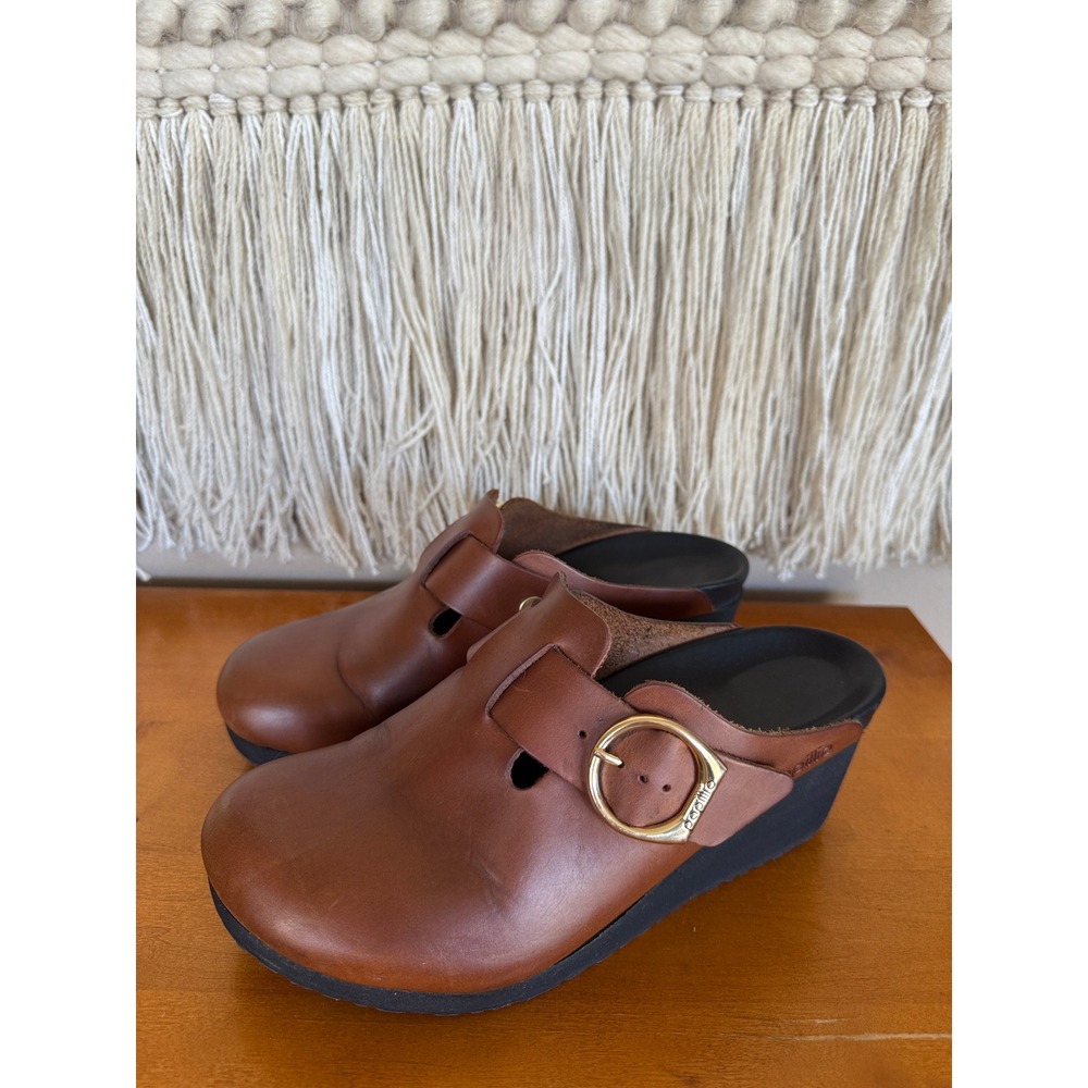 Birkenstock Papillio Brown Leather Fanny Gold Buckle Ring Wedge Clog Size 39 N
